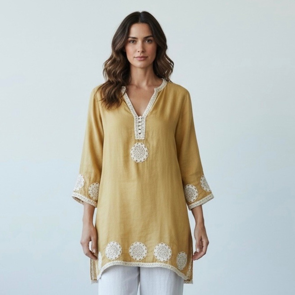 Jeannie McQueeny Mustard Yellow 100% Linen Crochet Beaded Tunic Top Small